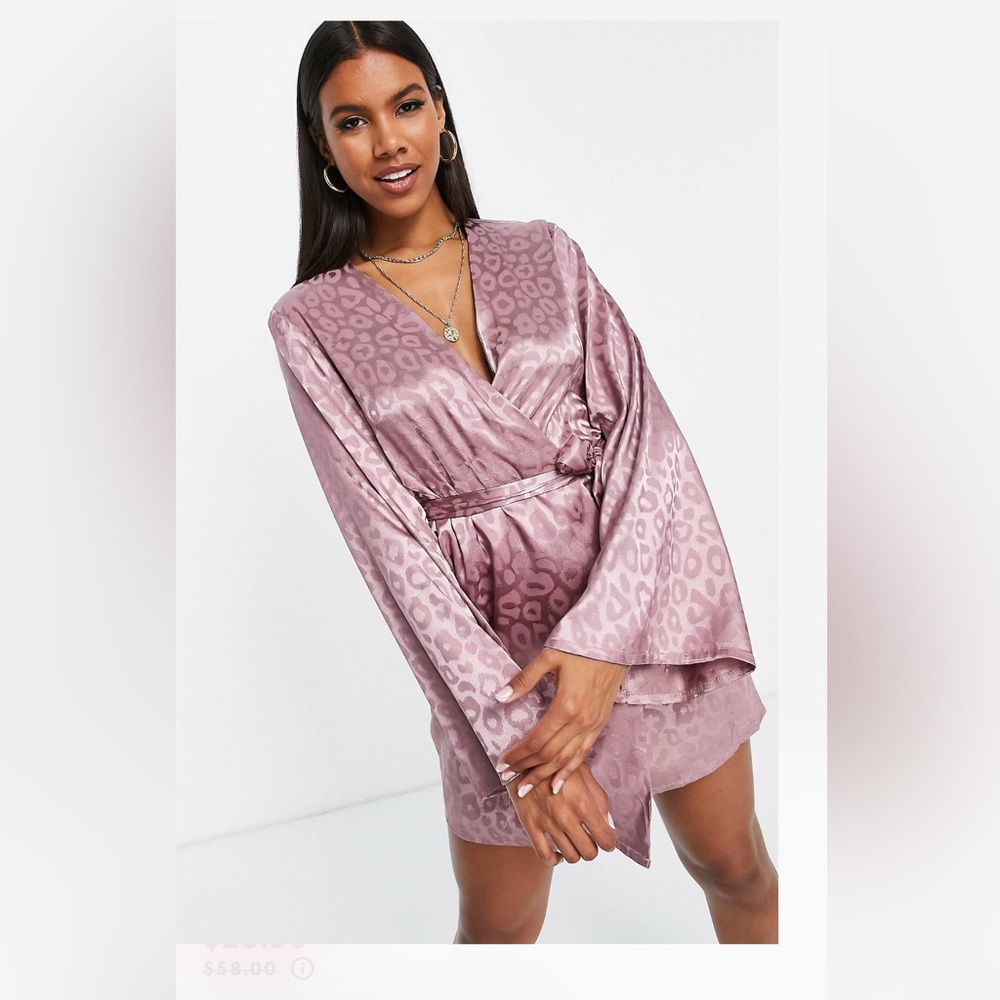 Satin Wrap Front Fluted Sleeve Mini Dress